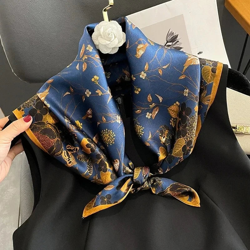 100% Natural Silk Scarf for Woman Designer Birds on Tree Print Bandana Foulard Female Luxury Square Neckerchief New SD0064