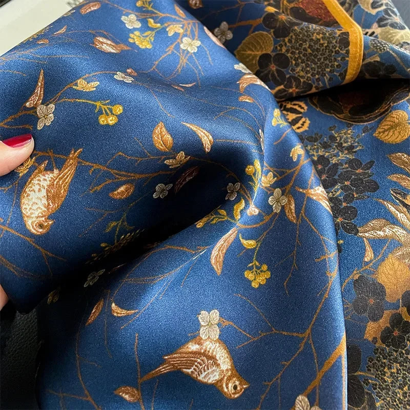 100% Natural Silk Scarf for Woman Designer Birds on Tree Print Bandana Foulard Female Luxury Square Neckerchief New SD0064