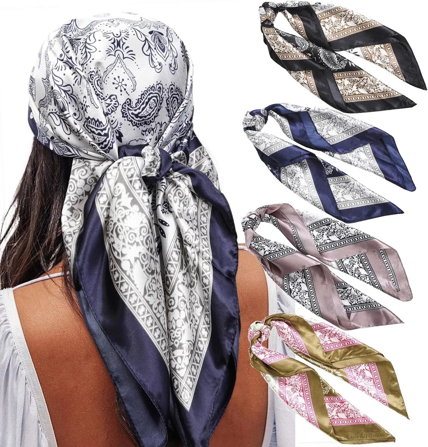 35” Satin Large Square Head Scarves - 4PCS Silk Like Neck Scarf Hair Sleeping Wraps Satin Silk Scarfs for Women