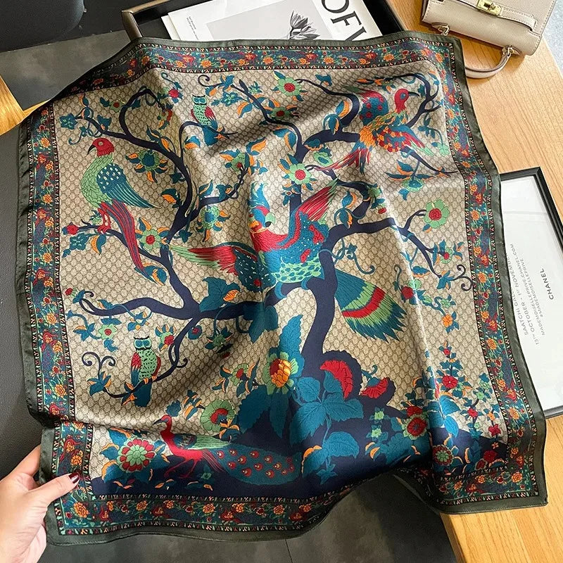 100% Natural Silk Scarf for Woman Designer Birds on Tree Print Bandana Foulard Female Luxury Square Neckerchief New SD0064
