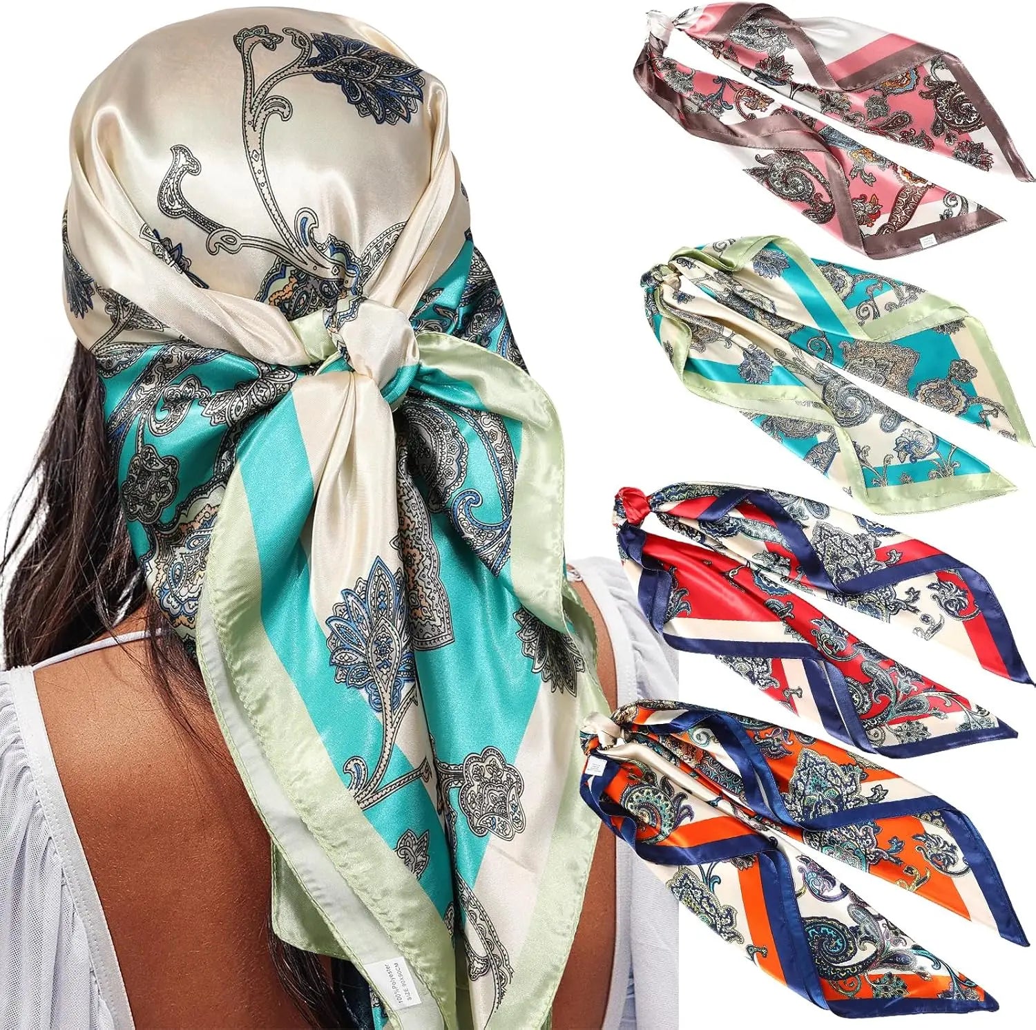 35” Satin Large Square Head Scarves - 4PCS Silk Like Neck Scarf Hair Sleeping Wraps Satin Silk Scarfs for Women
