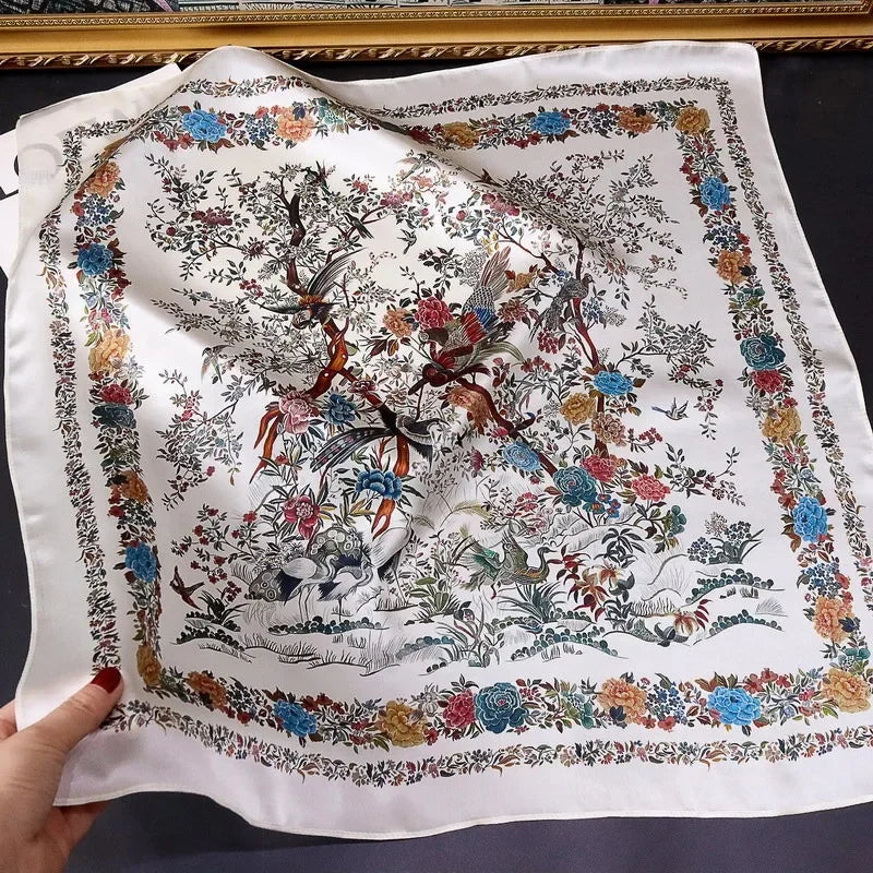 100% Natural Silk Scarf for Woman Designer Birds on Tree Print Bandana Foulard Female Luxury Square Neckerchief New SD0064