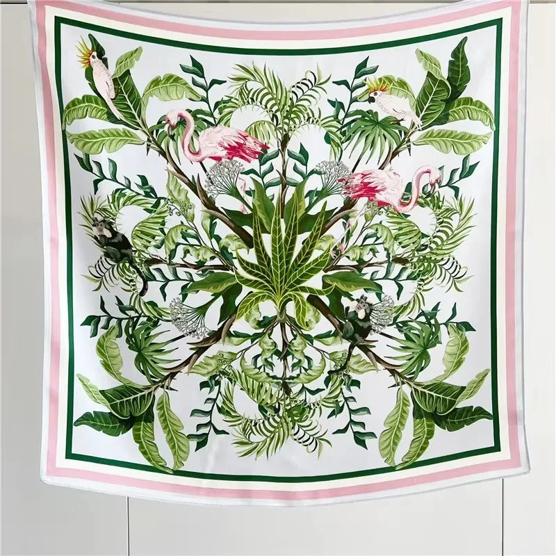 100% Natural Silk Scarf for Woman Designer Birds on Tree Print Bandana Foulard Female Luxury Square Neckerchief New SD0064