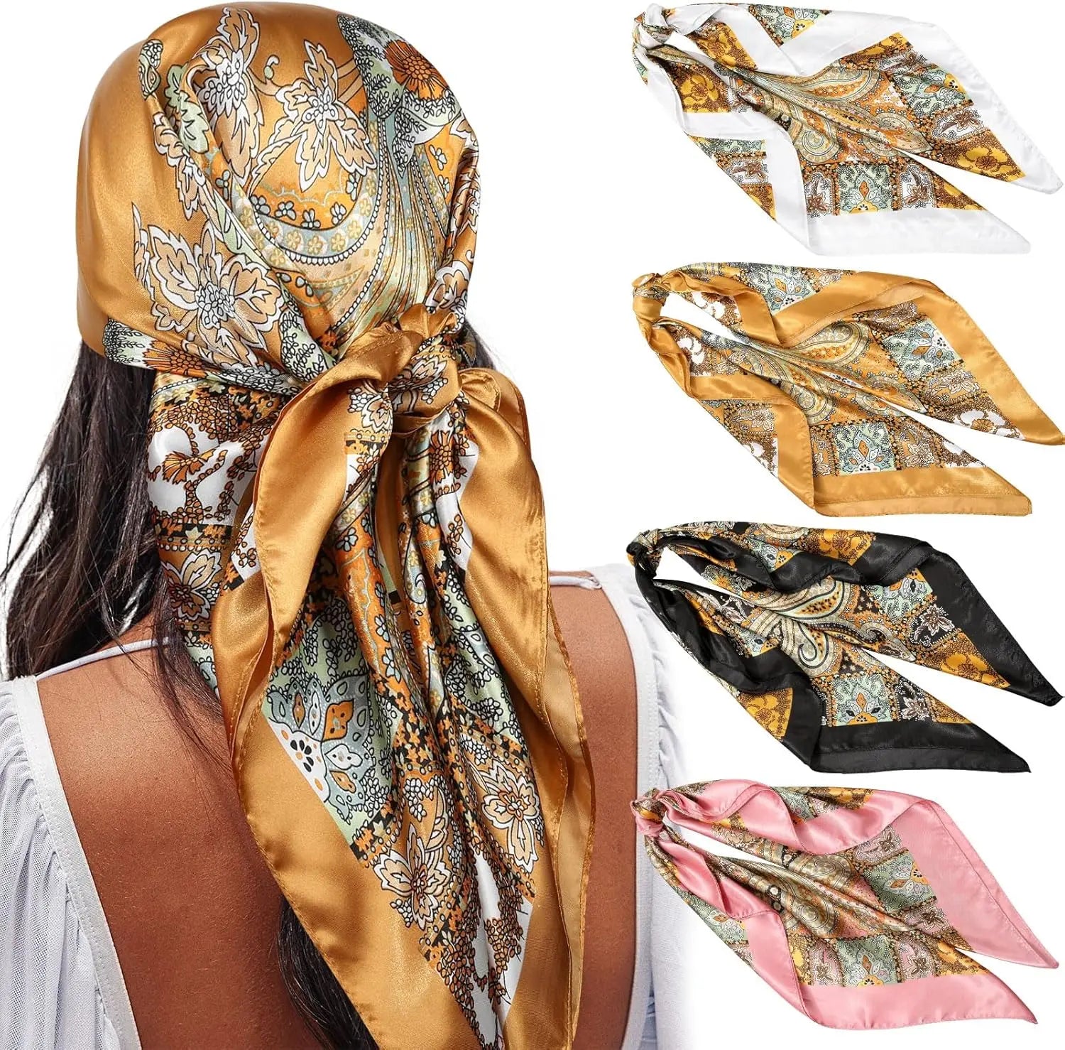 35” Satin Large Square Head Scarves - 4PCS Silk Like Neck Scarf Hair Sleeping Wraps Satin Silk Scarfs for Women