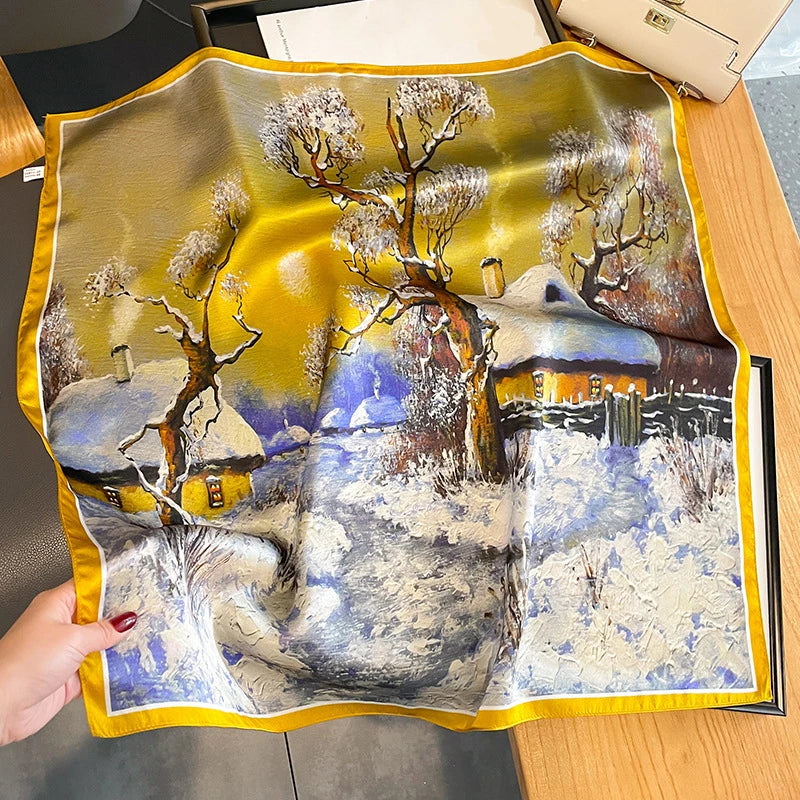 100% Natural Silk Scarf for Woman Designer Birds on Tree Print Bandana Foulard Female Luxury Square Neckerchief New SD0064