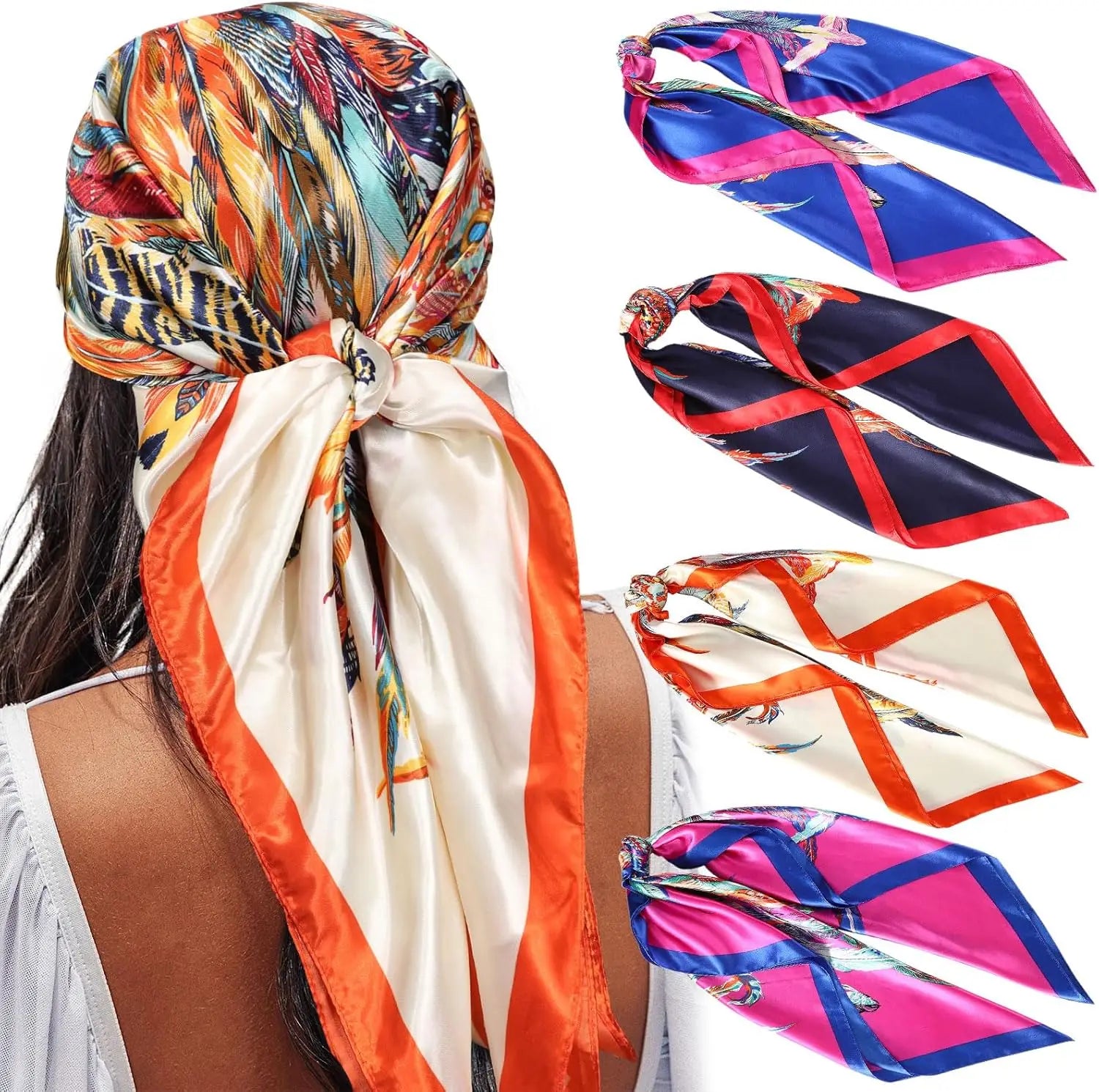 35” Satin Large Square Head Scarves - 4PCS Silk Like Neck Scarf Hair Sleeping Wraps Satin Silk Scarfs for Women