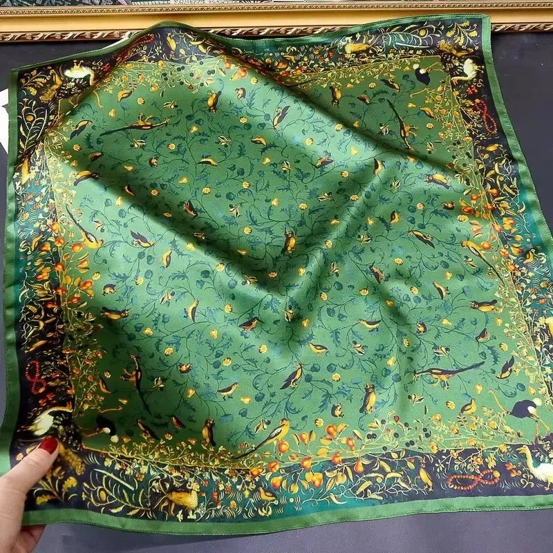 100% Natural Silk Scarf for Woman Designer Birds on Tree Print Bandana Foulard Female Luxury Square Neckerchief New SD0064