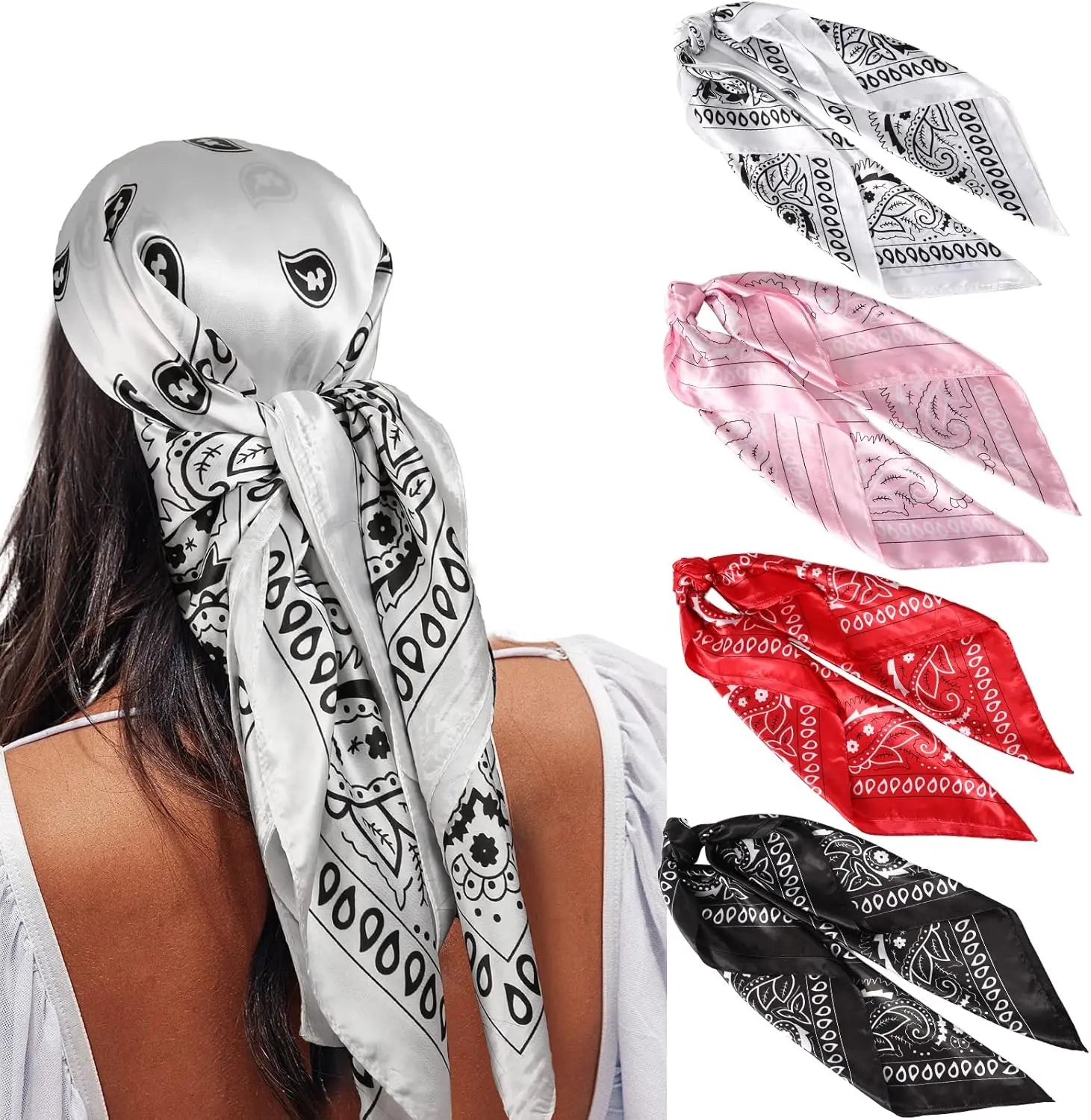 35” Satin Large Square Head Scarves - 4PCS Silk Like Neck Scarf Hair Sleeping Wraps Satin Silk Scarfs for Women