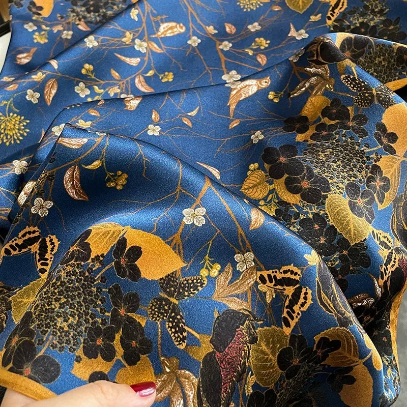 100% Natural Silk Scarf for Woman Designer Birds on Tree Print Bandana Foulard Female Luxury Square Neckerchief New SD0064