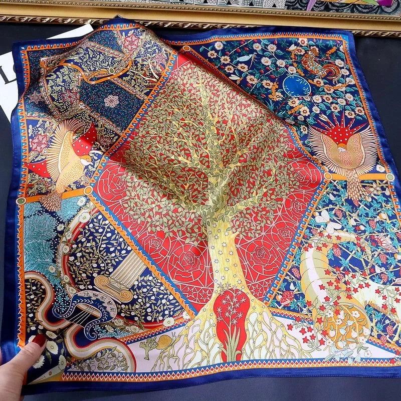 100% Natural Silk Scarf for Woman Designer Birds on Tree Print Bandana Foulard Female Luxury Square Neckerchief New SD0064