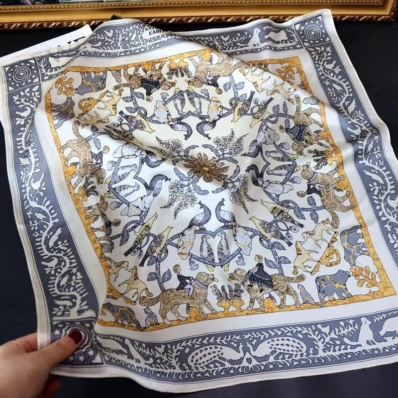 100% Natural Silk Scarf for Woman Designer Birds on Tree Print Bandana Foulard Female Luxury Square Neckerchief New SD0064