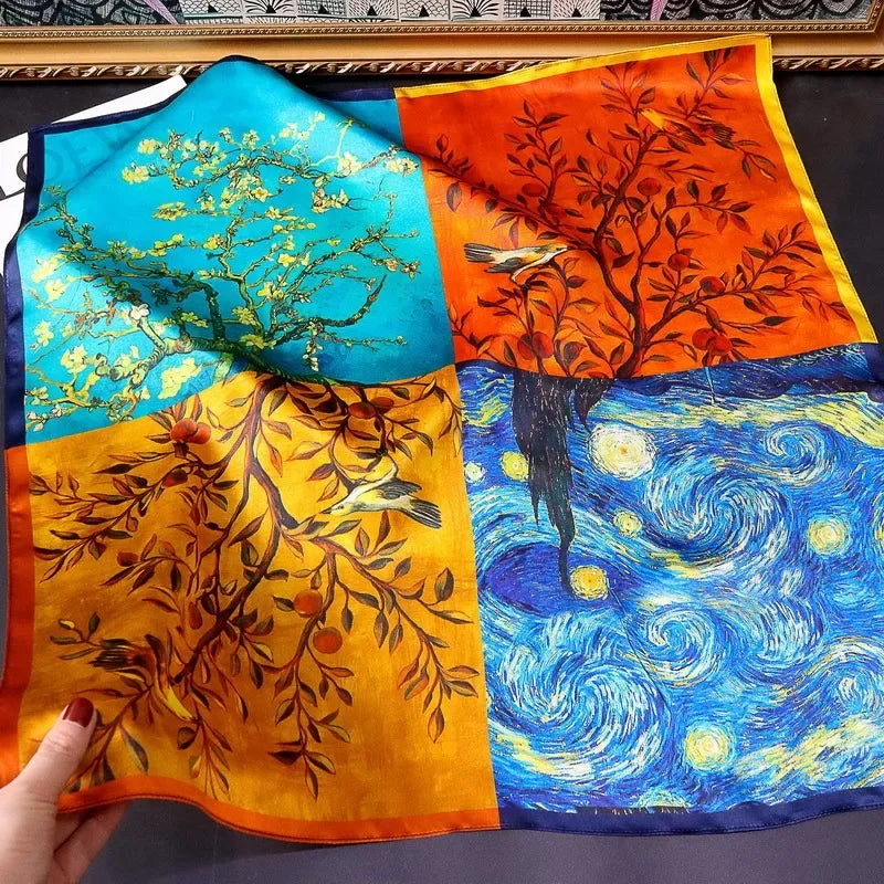 100% Natural Silk Scarf for Woman Designer Birds on Tree Print Bandana Foulard Female Luxury Square Neckerchief New SD0064