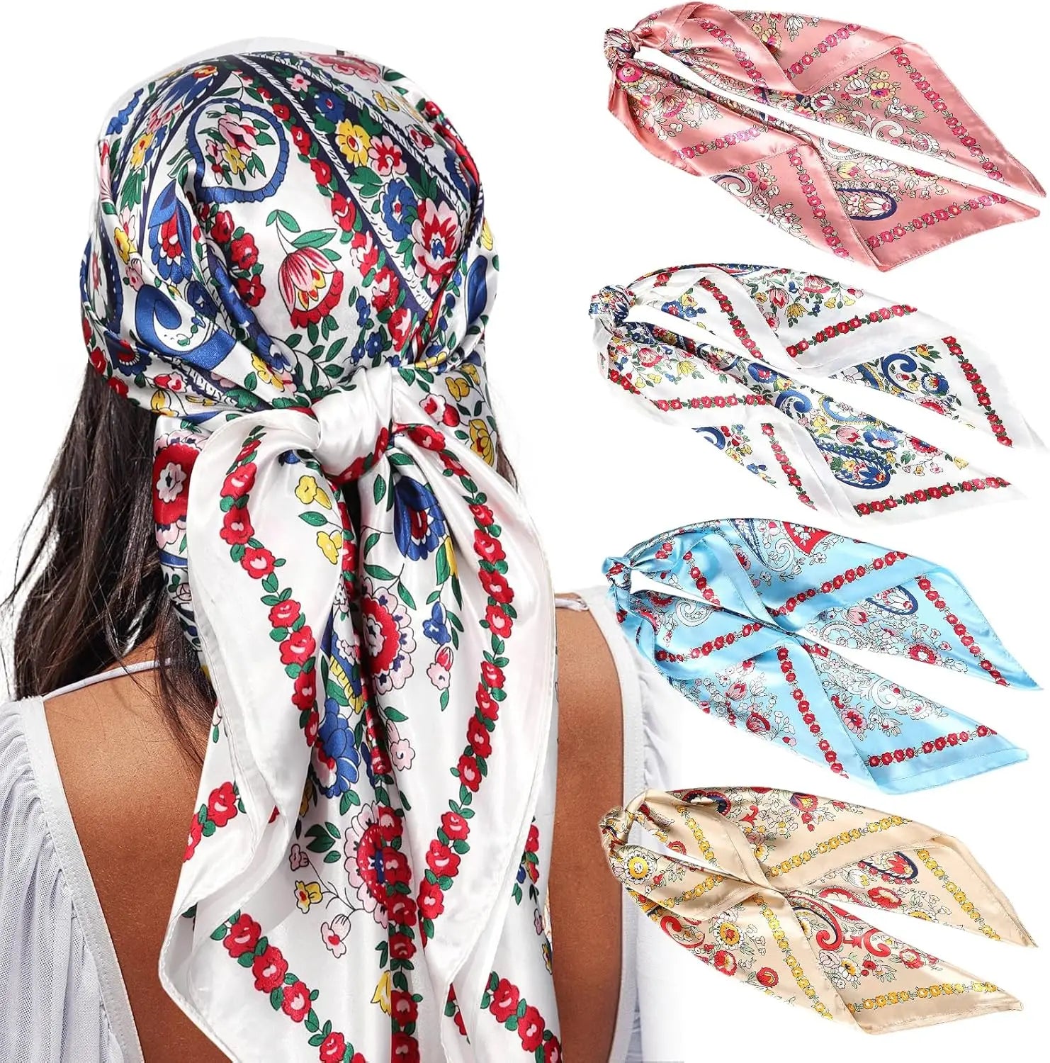 35” Satin Large Square Head Scarves - 4PCS Silk Like Neck Scarf Hair Sleeping Wraps Satin Silk Scarfs for Women