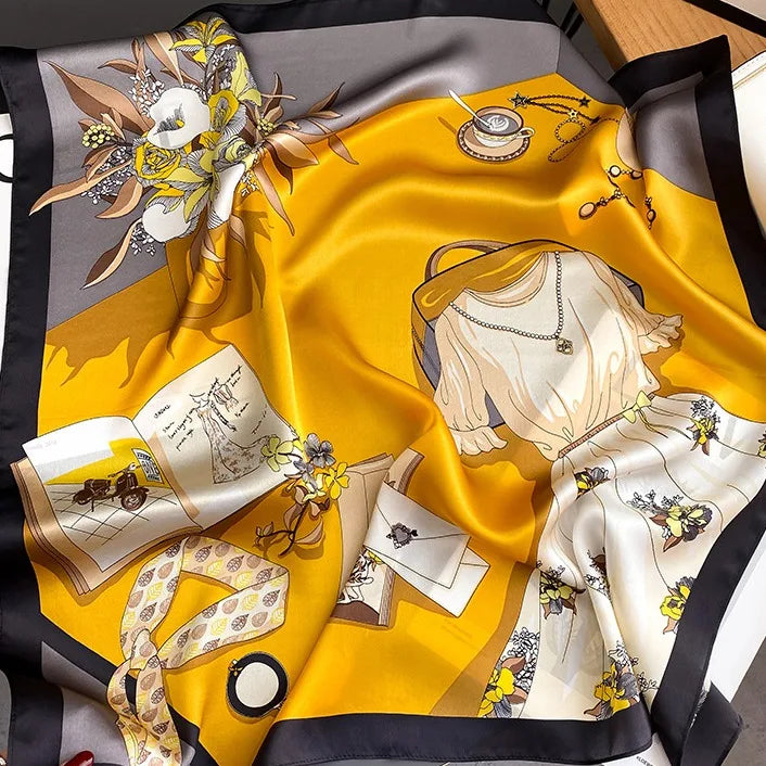 100% Natural Silk Scarf for Woman Designer Birds on Tree Print Bandana Foulard Female Luxury Square Neckerchief New SD0064
