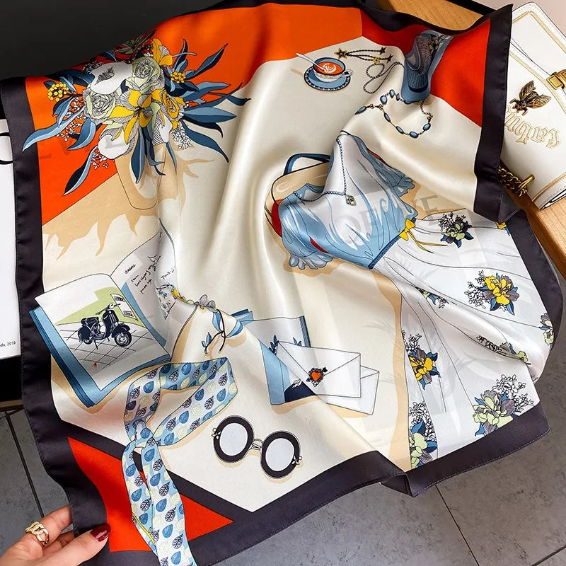 100% Natural Silk Scarf for Woman Designer Birds on Tree Print Bandana Foulard Female Luxury Square Neckerchief New SD0064