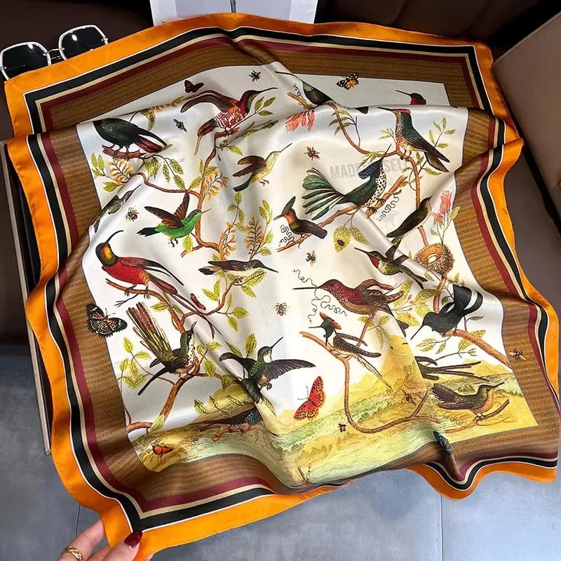 100% Natural Silk Scarf for Woman Designer Birds on Tree Print Bandana Foulard Female Luxury Square Neckerchief New SD0064