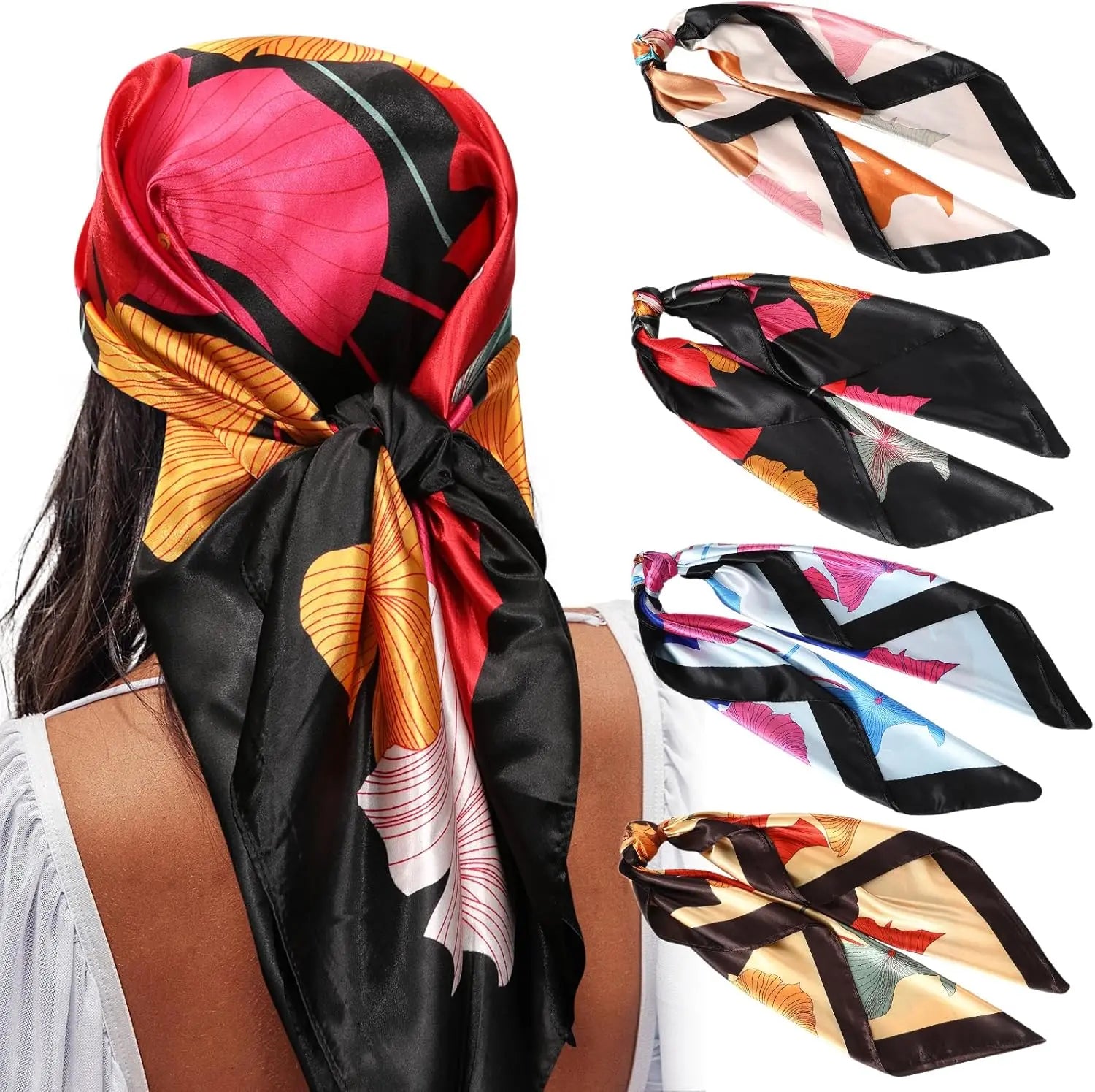 35” Satin Large Square Head Scarves - 4PCS Silk Like Neck Scarf Hair Sleeping Wraps Satin Silk Scarfs for Women