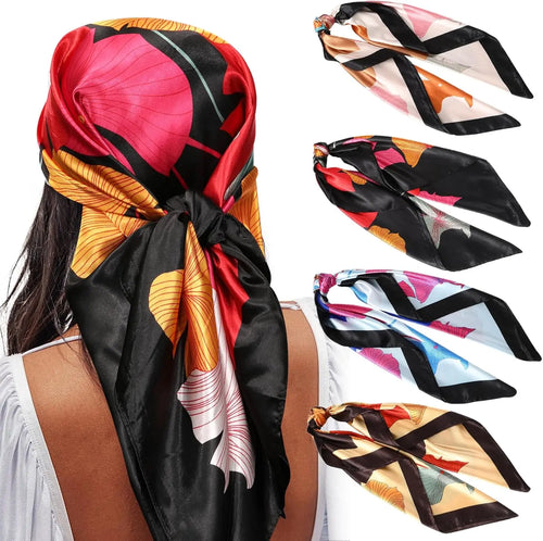35” Satin Large Square Head Scarves - 4PCS Silk Like Neck Scarf Hair Sleeping Wraps Satin Silk Scarfs for Women