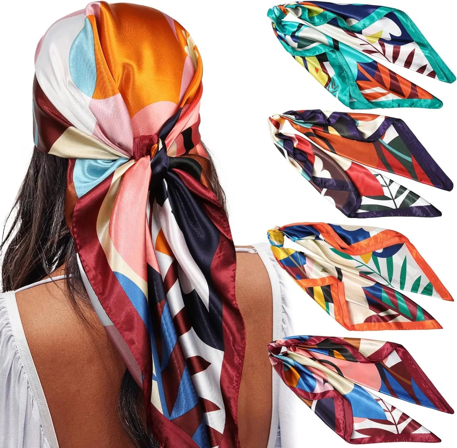 35” Satin Large Square Head Scarves - 4PCS Silk Like Neck Scarf Hair Sleeping Wraps Satin Silk Scarfs for Women