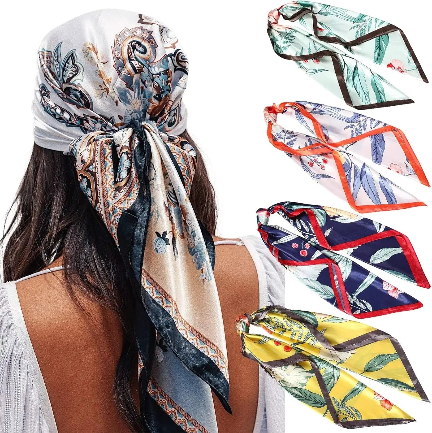 35” Satin Large Square Head Scarves - 4PCS Silk Like Neck Scarf Hair Sleeping Wraps Satin Silk Scarfs for Women