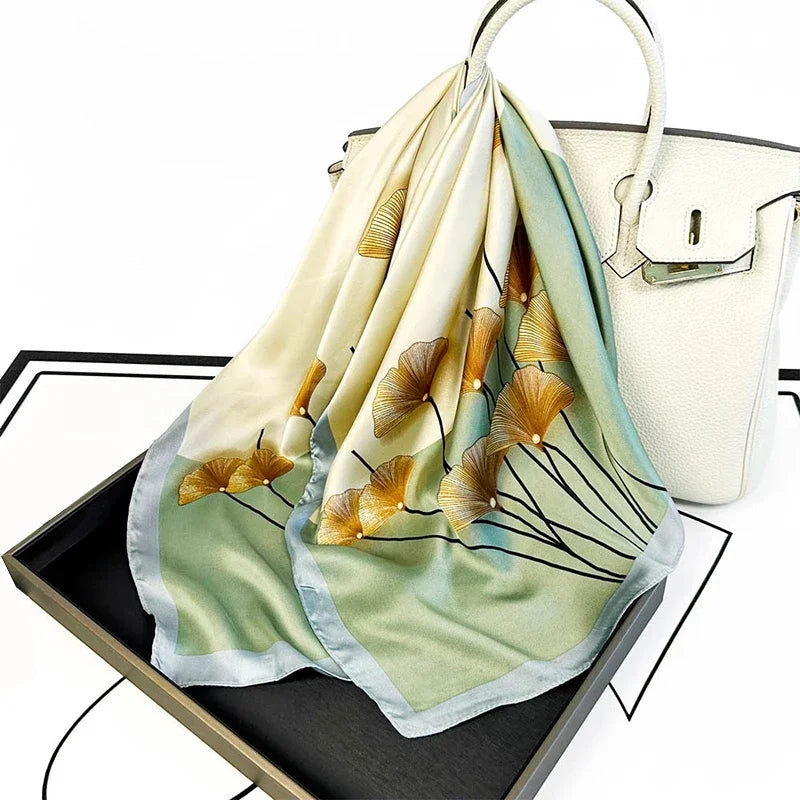 Ginkgo Leaf Printed Scarf Women's New Model Emulated Silk Plant Printed Scarfs Fashion Versatile Clothes Bag Accessories Scarf