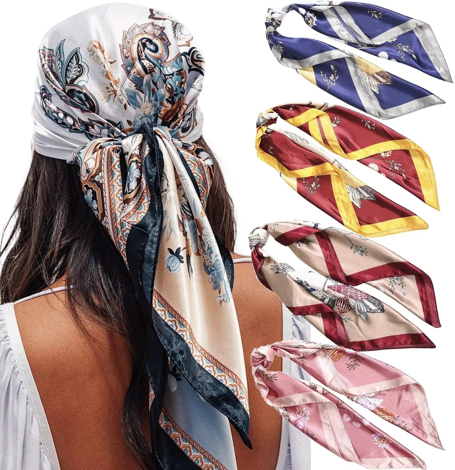 35” Satin Large Square Head Scarves - 4PCS Silk Like Neck Scarf Hair Sleeping Wraps Satin Silk Scarfs for Women