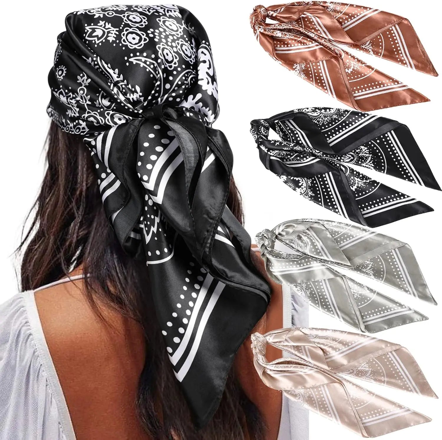 35” Satin Large Square Head Scarves - 4PCS Silk Like Neck Scarf Hair Sleeping Wraps Satin Silk Scarfs for Women
