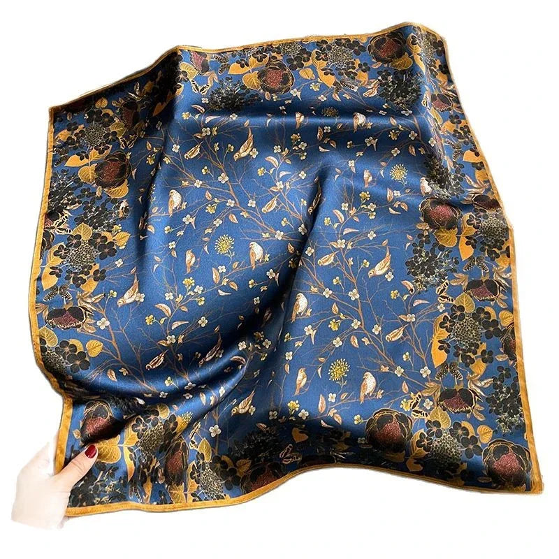 100% Natural Silk Scarf for Woman Designer Birds on Tree Print Bandana Foulard Female Luxury Square Neckerchief New SD0064