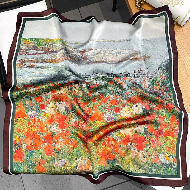 100% Natural Silk Scarf for Woman Designer Birds on Tree Print Bandana Foulard Female Luxury Square Neckerchief New SD0064