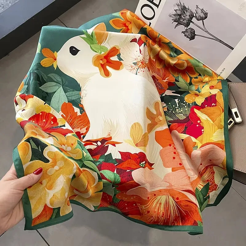 100% Natural Silk Scarf for Woman Designer Birds on Tree Print Bandana Foulard Female Luxury Square Neckerchief New SD0064