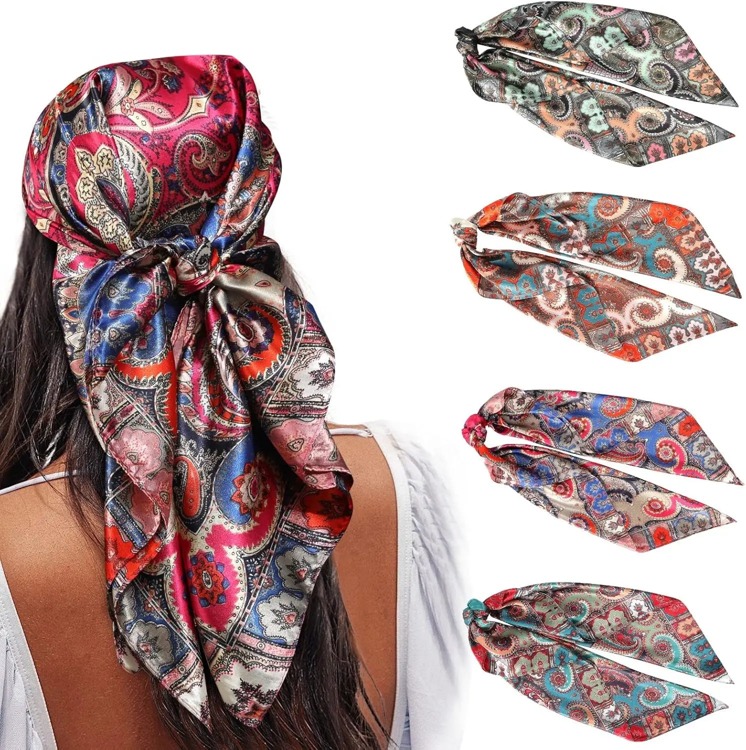 35” Satin Large Square Head Scarves - 4PCS Silk Like Neck Scarf Hair Sleeping Wraps Satin Silk Scarfs for Women