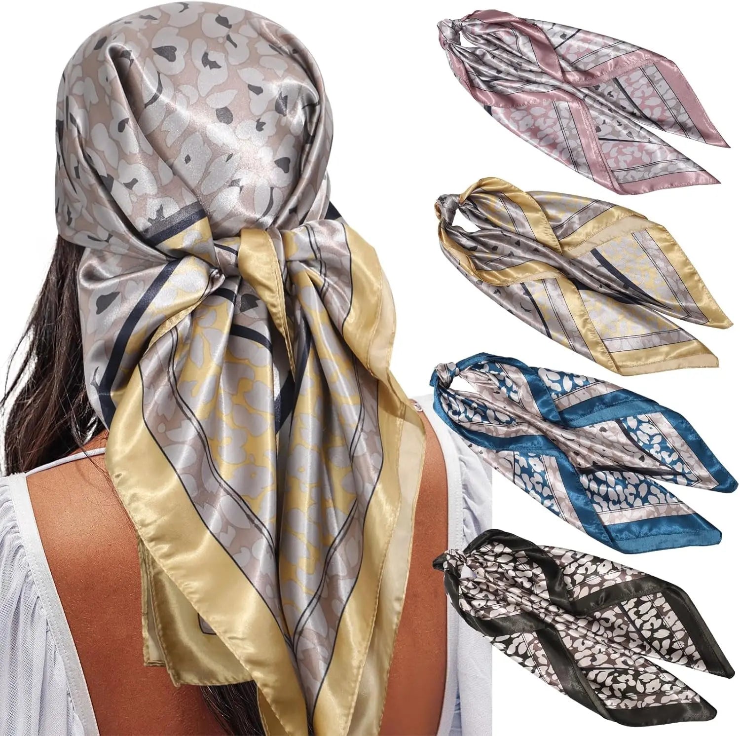35” Satin Large Square Head Scarves - 4PCS Silk Like Neck Scarf Hair Sleeping Wraps Satin Silk Scarfs for Women
