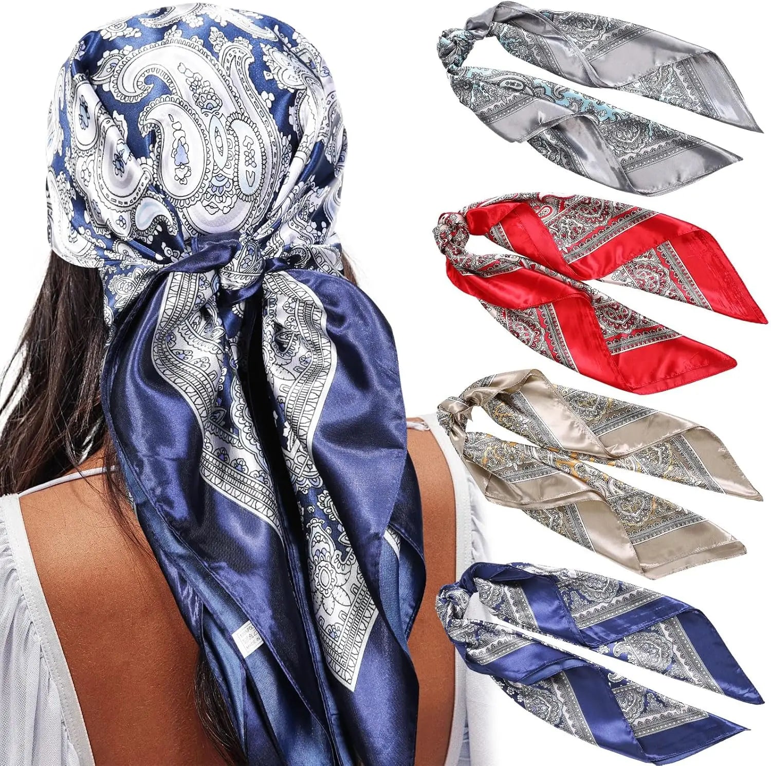 35” Satin Large Square Head Scarves - 4PCS Silk Like Neck Scarf Hair Sleeping Wraps Satin Silk Scarfs for Women