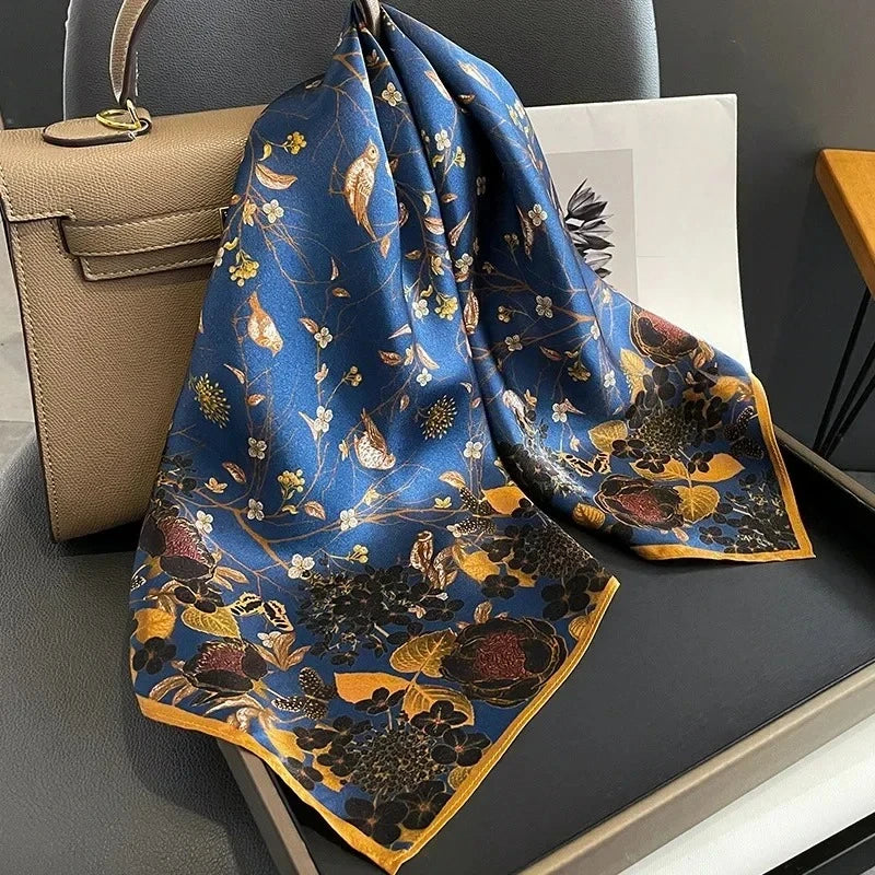 100% Natural Silk Scarf for Woman Designer Birds on Tree Print Bandana Foulard Female Luxury Square Neckerchief New SD0064