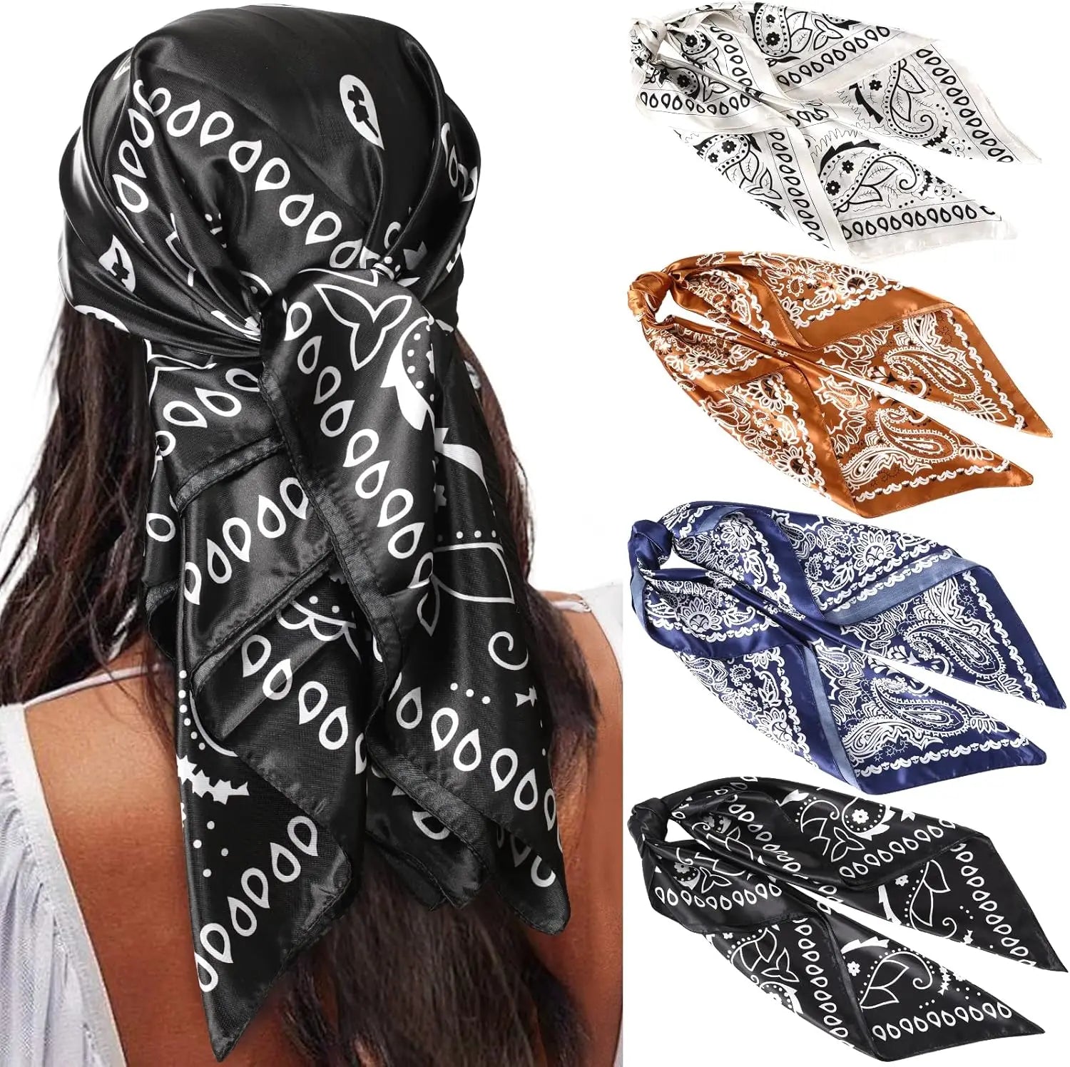 35” Satin Large Square Head Scarves - 4PCS Silk Like Neck Scarf Hair Sleeping Wraps Satin Silk Scarfs for Women