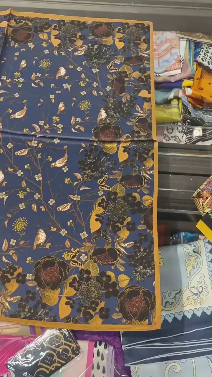 100% Natural Silk Scarf for Woman Designer Birds on Tree Print Bandana Foulard Female Luxury Square Neckerchief New SD0064
